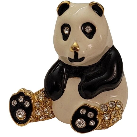 PEP Erwin Pearl Black White Enamel Clear Rhinestone Panda Bear Brooch Pin, E778 - Picture 8 of 8